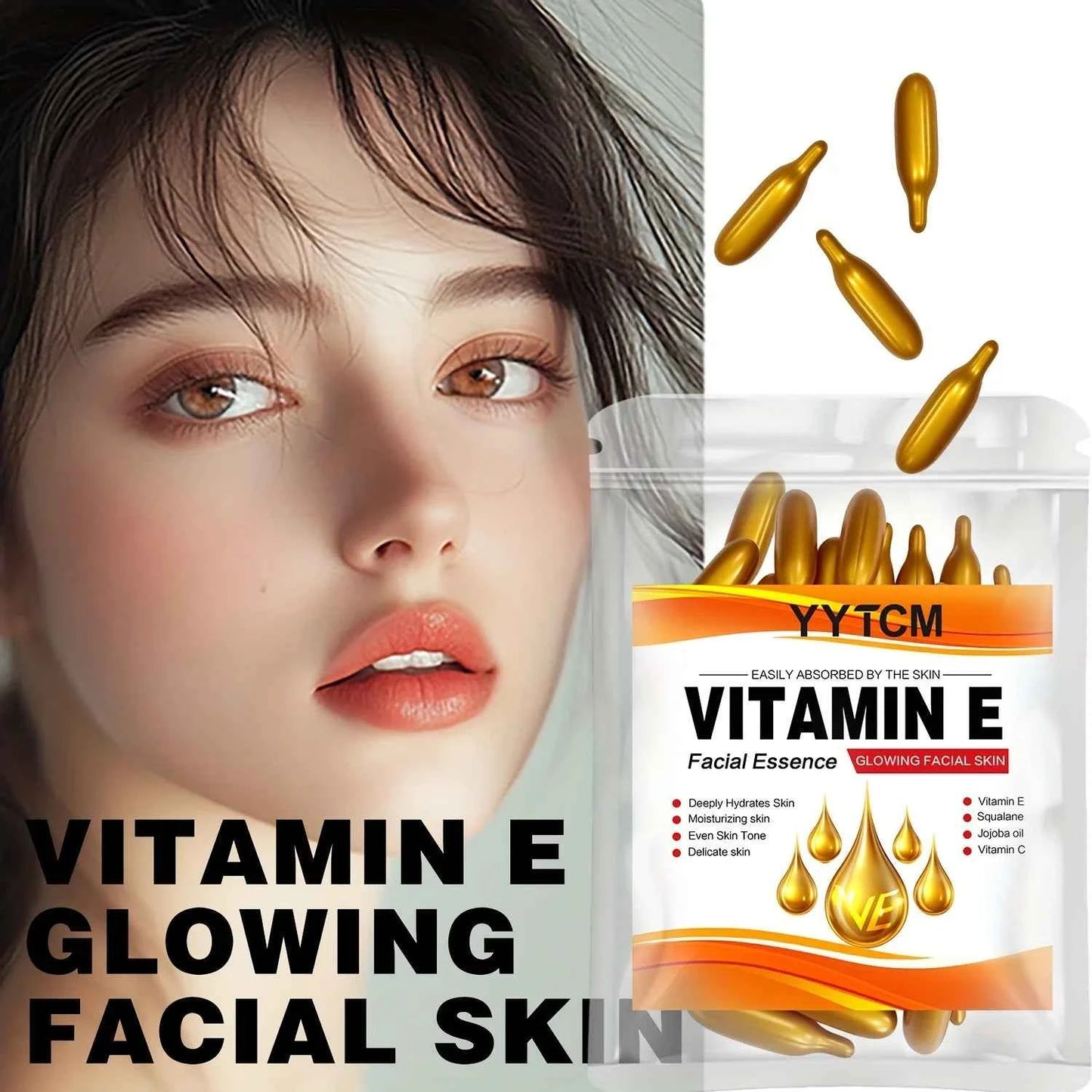 Vitamin E Deep Moisturizing Capsule Essence, Hydrates and Smooths Skin, Contains Plant-Based Squalane, Vitamin C, Deep Hydration and Skin Brightening Essence (0.4Gx30 Capsules)/Bag-1 Bag