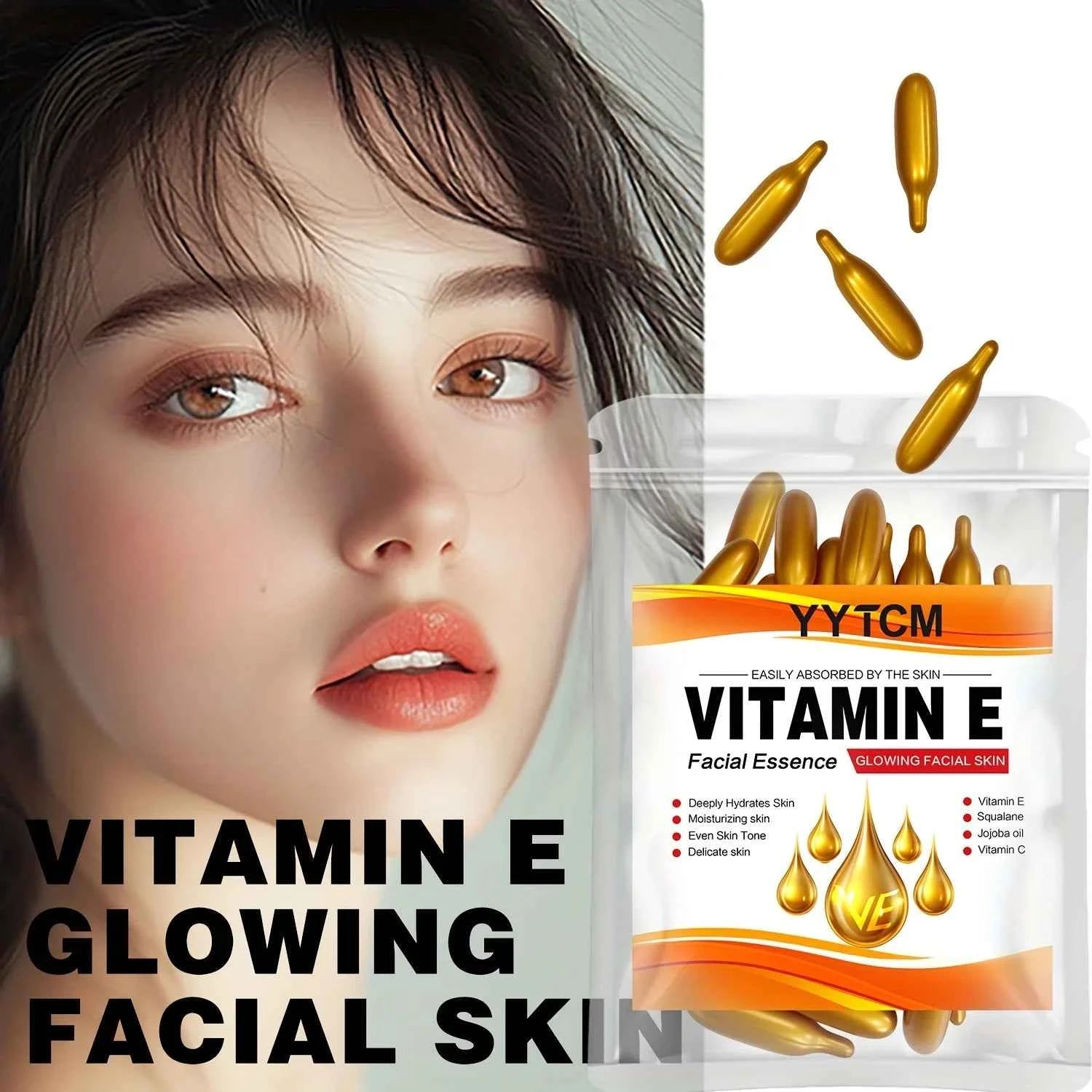 Vitamin E Deep Moisturizing Capsule Essence, Hydrates and Smooths Skin, Contains Plant-Based Squalane, Vitamin C, Deep Hydration and Skin Brightening Essence (0.4Gx30 Capsules)/Bag-1 Bag