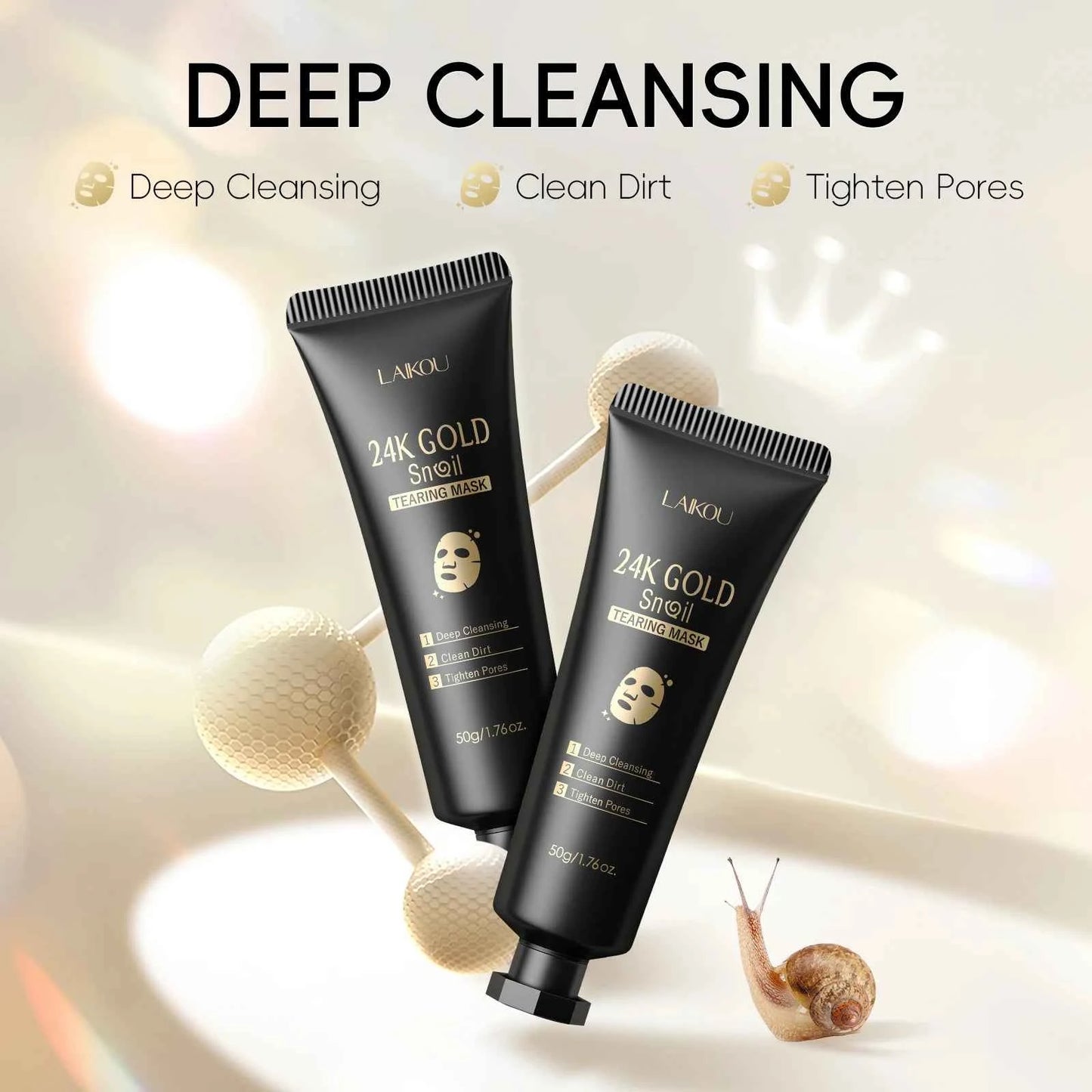 LAIKOU 24K Gold Snail Peel-Off Mask 3PCS Deep Cleansing Pore Tightening Blackhead Removal Detoxifying Facial Treatment 50g